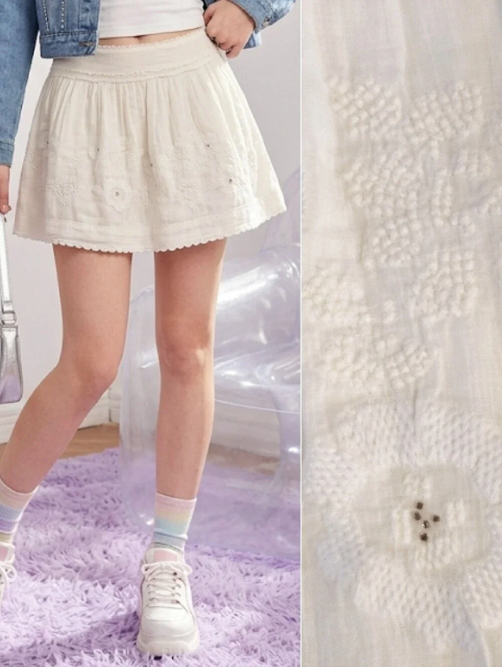AEO‎ 2010 Delicate Embroidered Y2K SoftGirl Cotton Mini Skirt Large Pull On